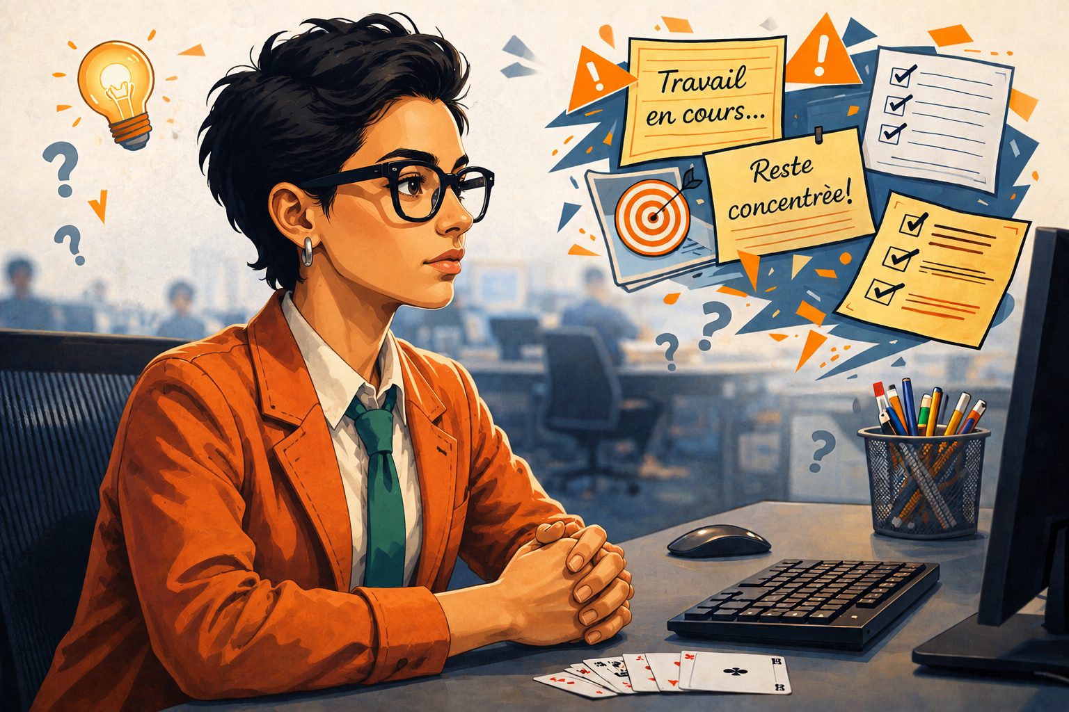 Illustration d'une joueuse concentr�e devant un �cran avec des rep�res de m�thode et de concentration