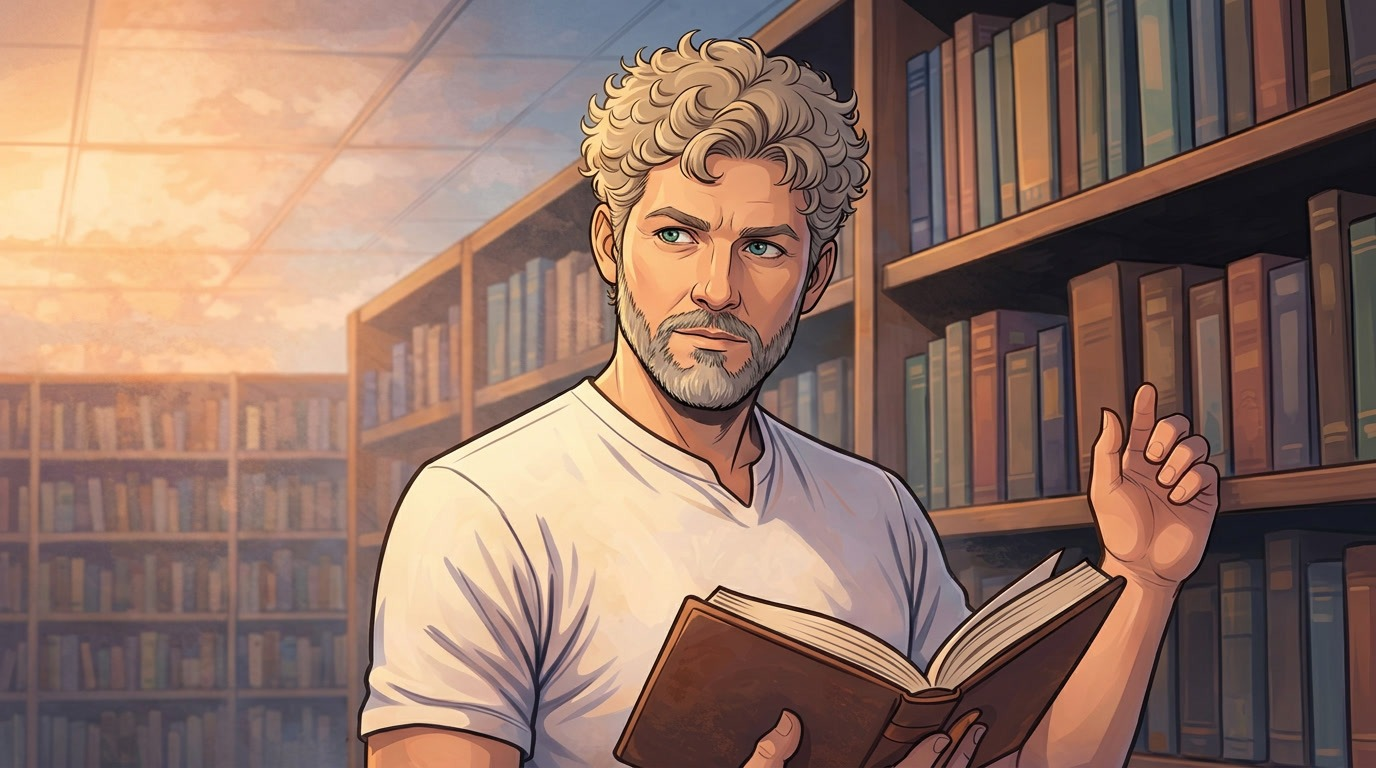 Portrait illustr� de S�bastien Ravaux dans une biblioth�que