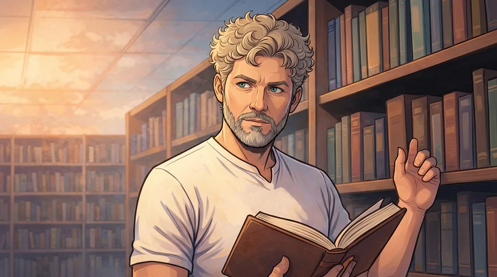 Portrait illustr� de S�bastien Ravaux dans une biblioth�que