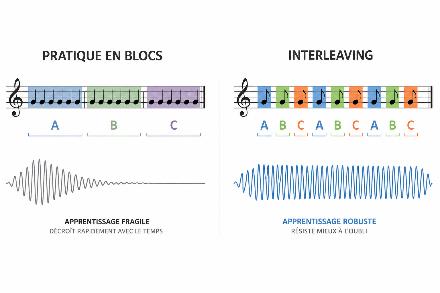 Schéma comparatif entre la pratique en blocs (massed practice) et l'interleaving