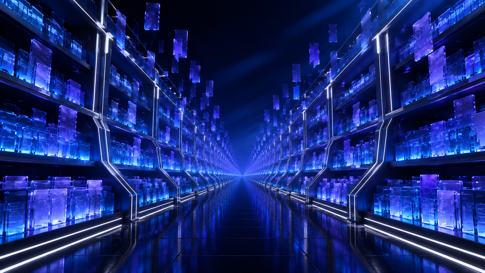 Couloir de stockage mémoriel futuriste en bleu et violet — métaphore du transfert hippocampe-néocortex